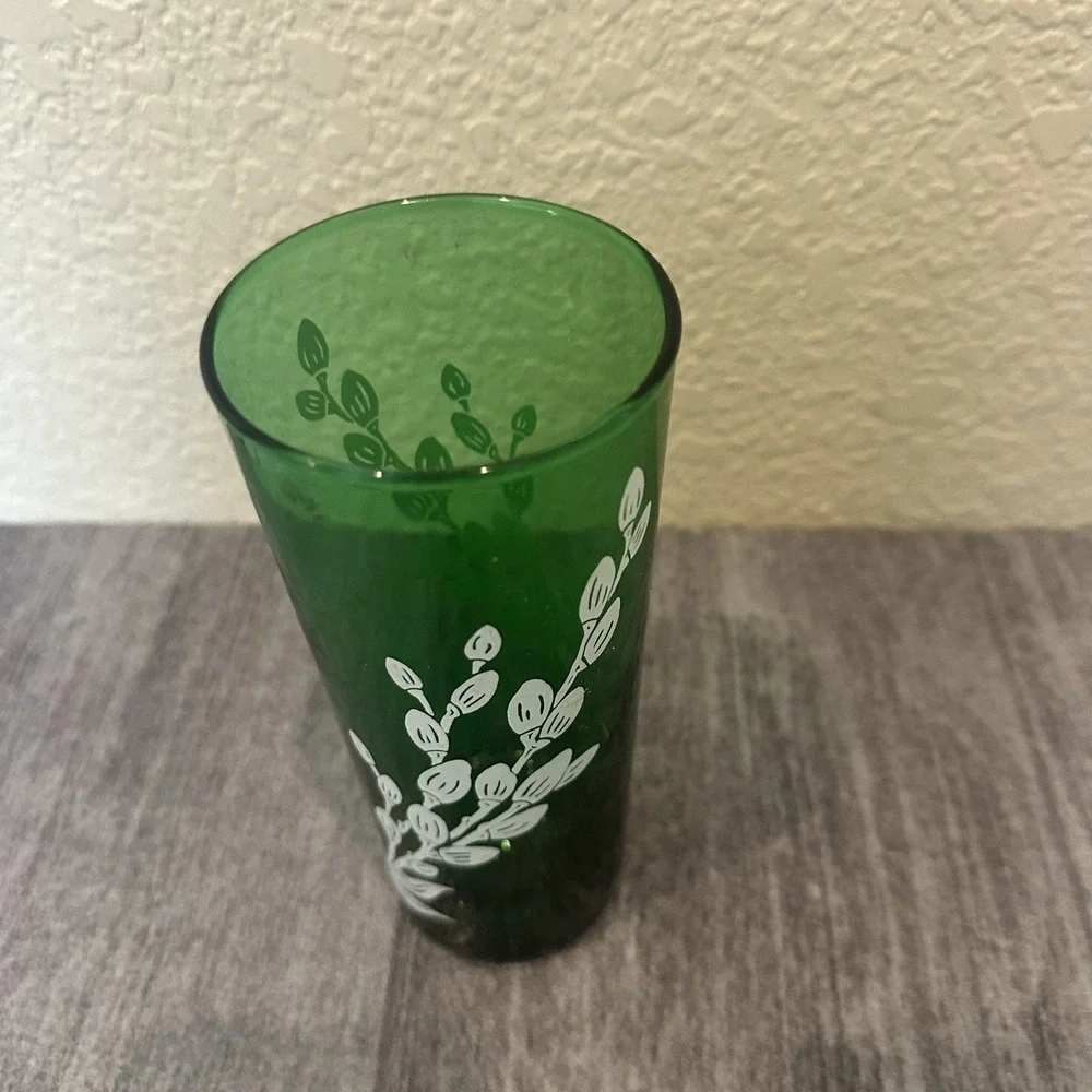 Anchor Hocking Tumbler Forest Green White Plant Buds Retro